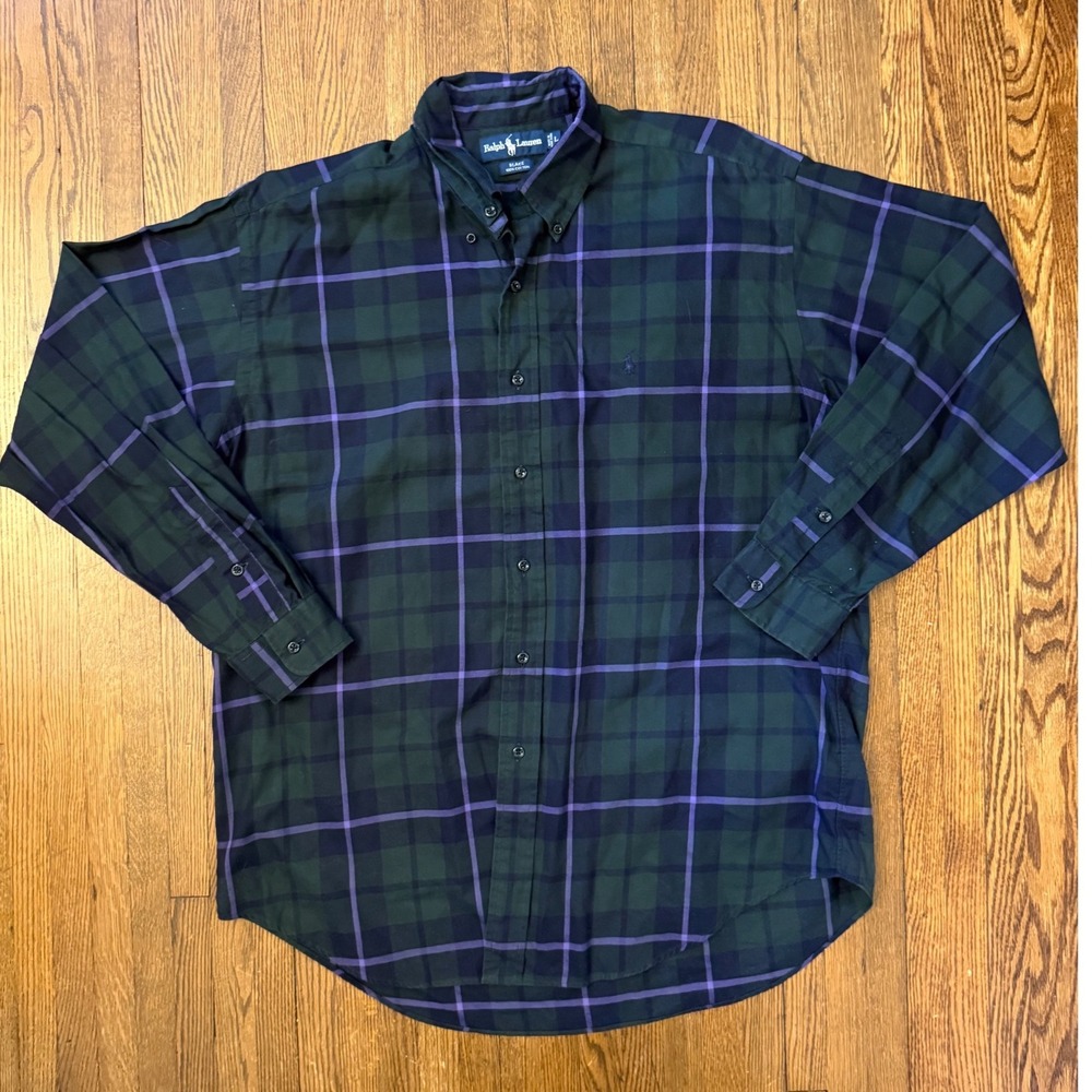Ralph Lauren Blake Mens Large Green Purple Plaid Cotton Button Down Shirt L